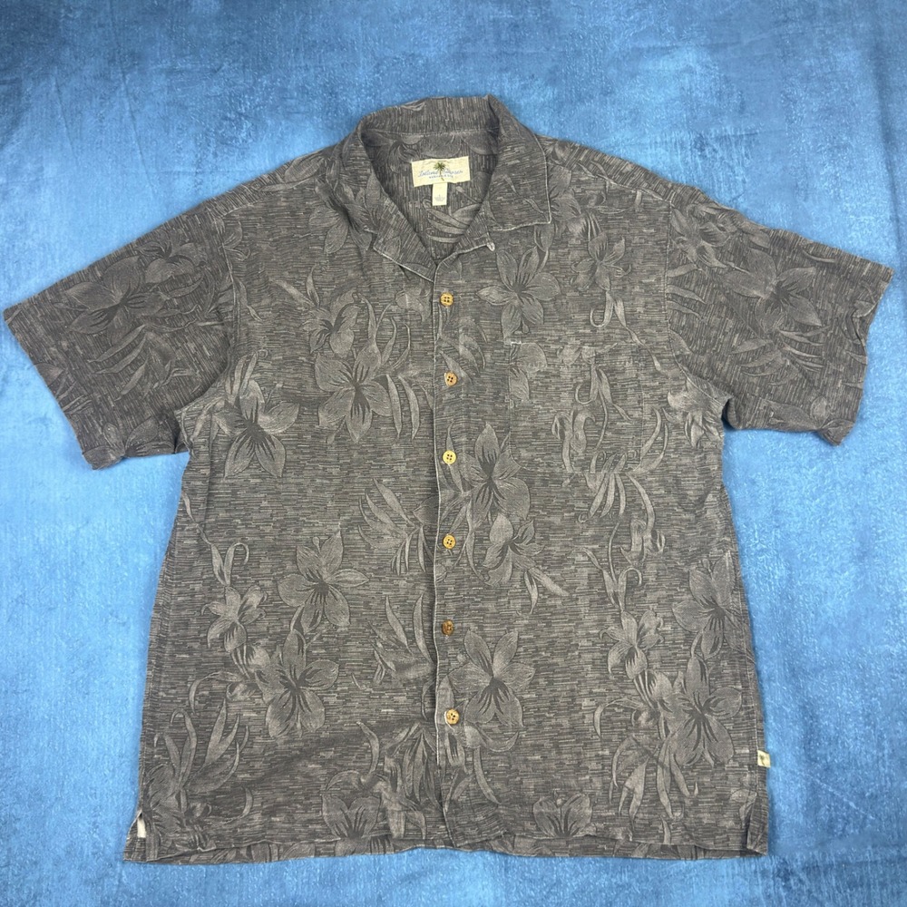 Island Shores Mens Large Gray Washable Silk Floral Jacquard Camp Shirt Pocket